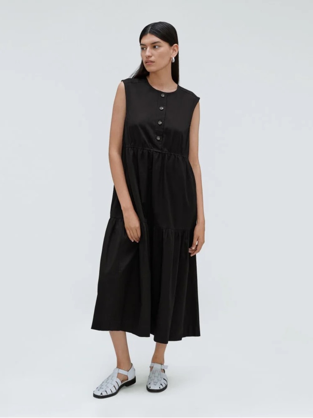 Everlane Black Button-Front Tiered Midi Dress in Size XS